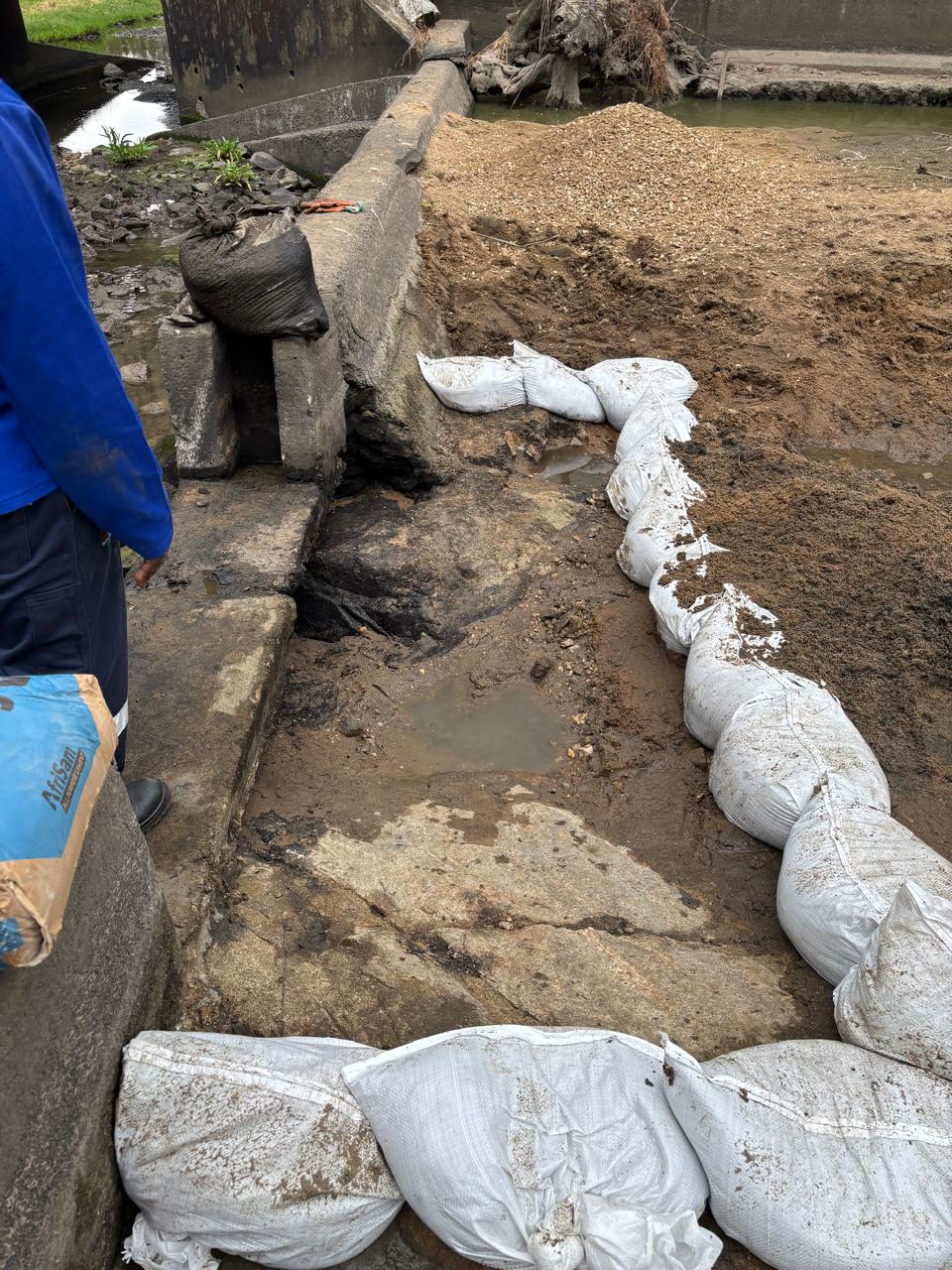 Spillway repair area bagged off and prepared before the concrete pour